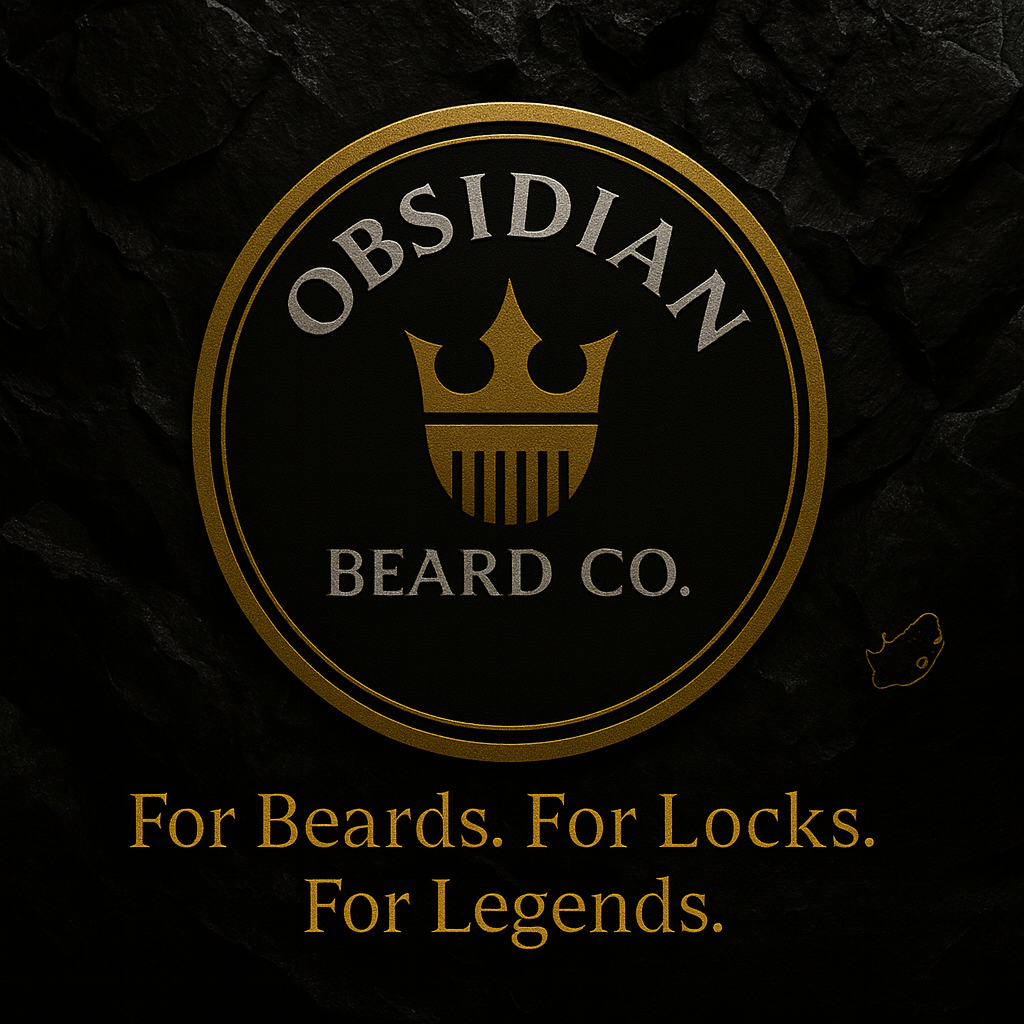 Obsidian Beard Co. logo on a dark background with text 'For Beards. For Locks. For Legends.'