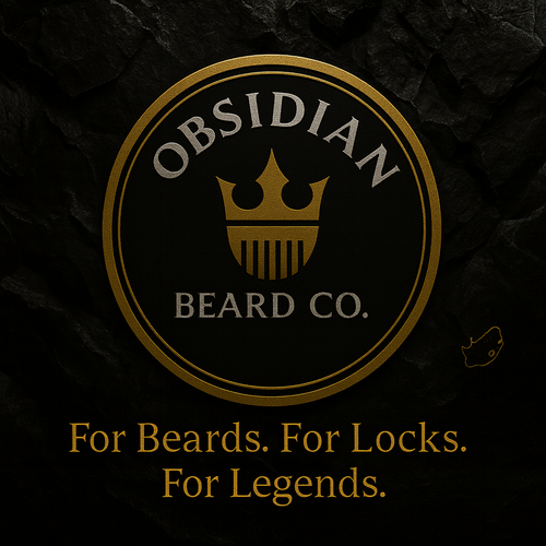Obsidian Beard Co. logo on a dark background with text 'For Beards. For Locks. For Legends.'