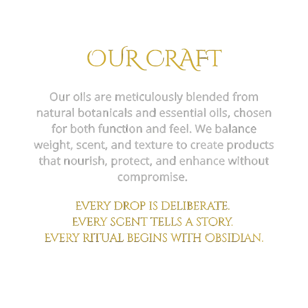 Text about oils being meticulously blended with natural botanicals and essential oils, emphasizing quality and story-telling.