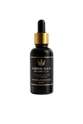 Black bottle of Obsidian Beard Co. beard and hair elixir on a white background