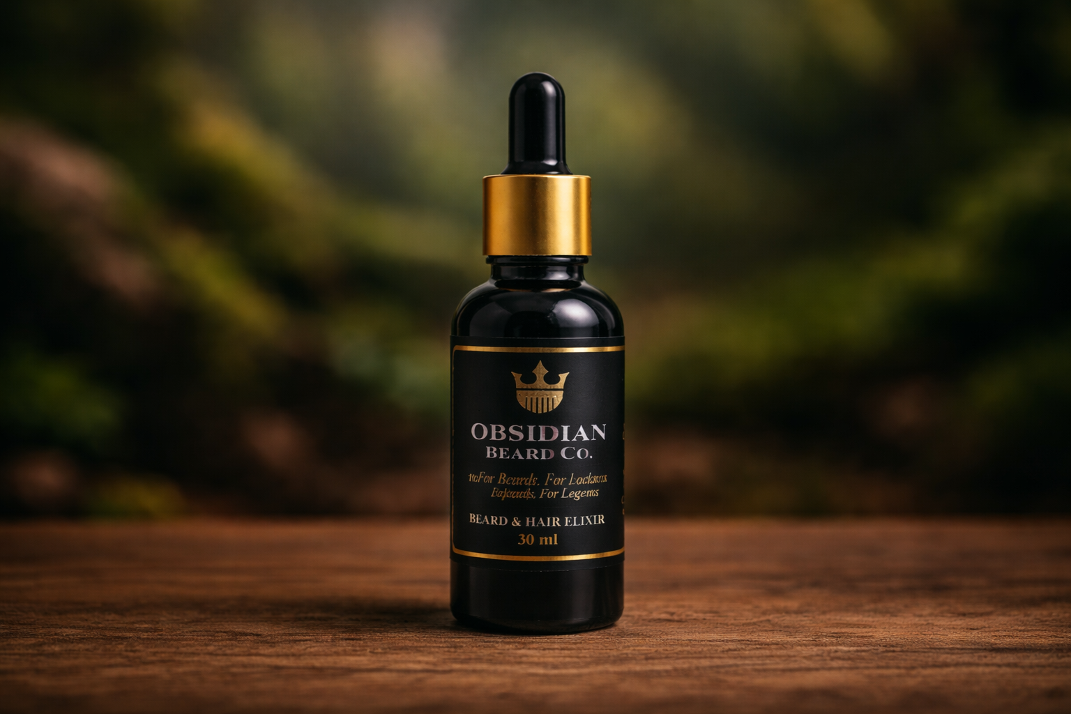 Black bottle with gold cap labeled 'Obsidian Beard Co.' on a wooden surface with a blurred green background.